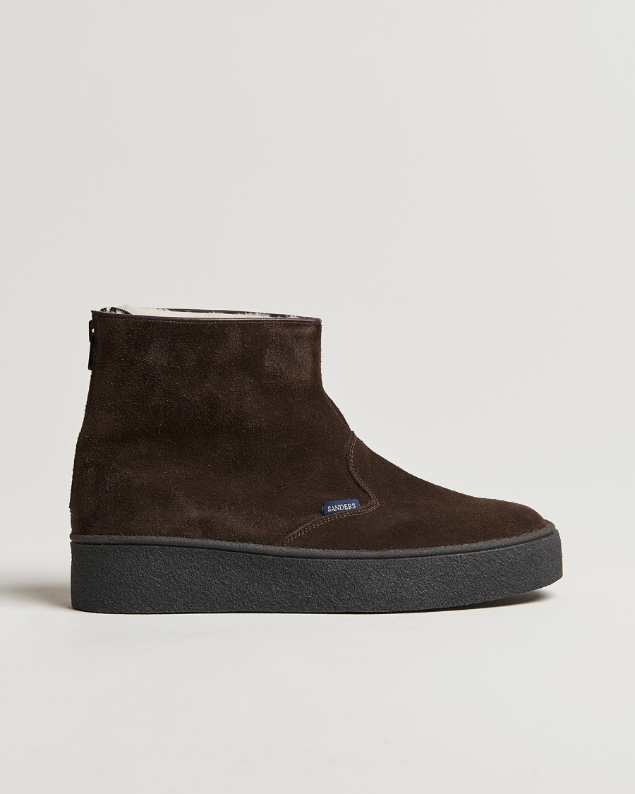 Herren | Sanders Sherling Lined Curling Boot Chocolate Suede | Sanders | Sherling Lined Curling Boot Chocolate Suede