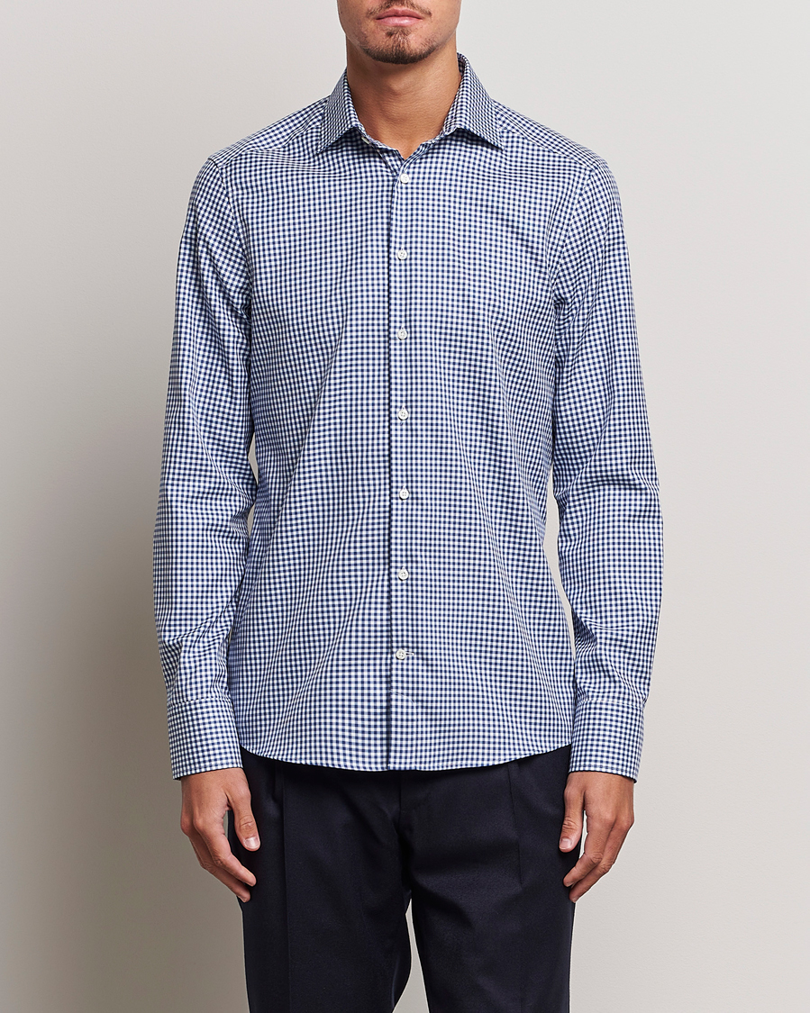 Herren |  | Stenströms | Slimline Mini Check Cut Away Shirt Blue