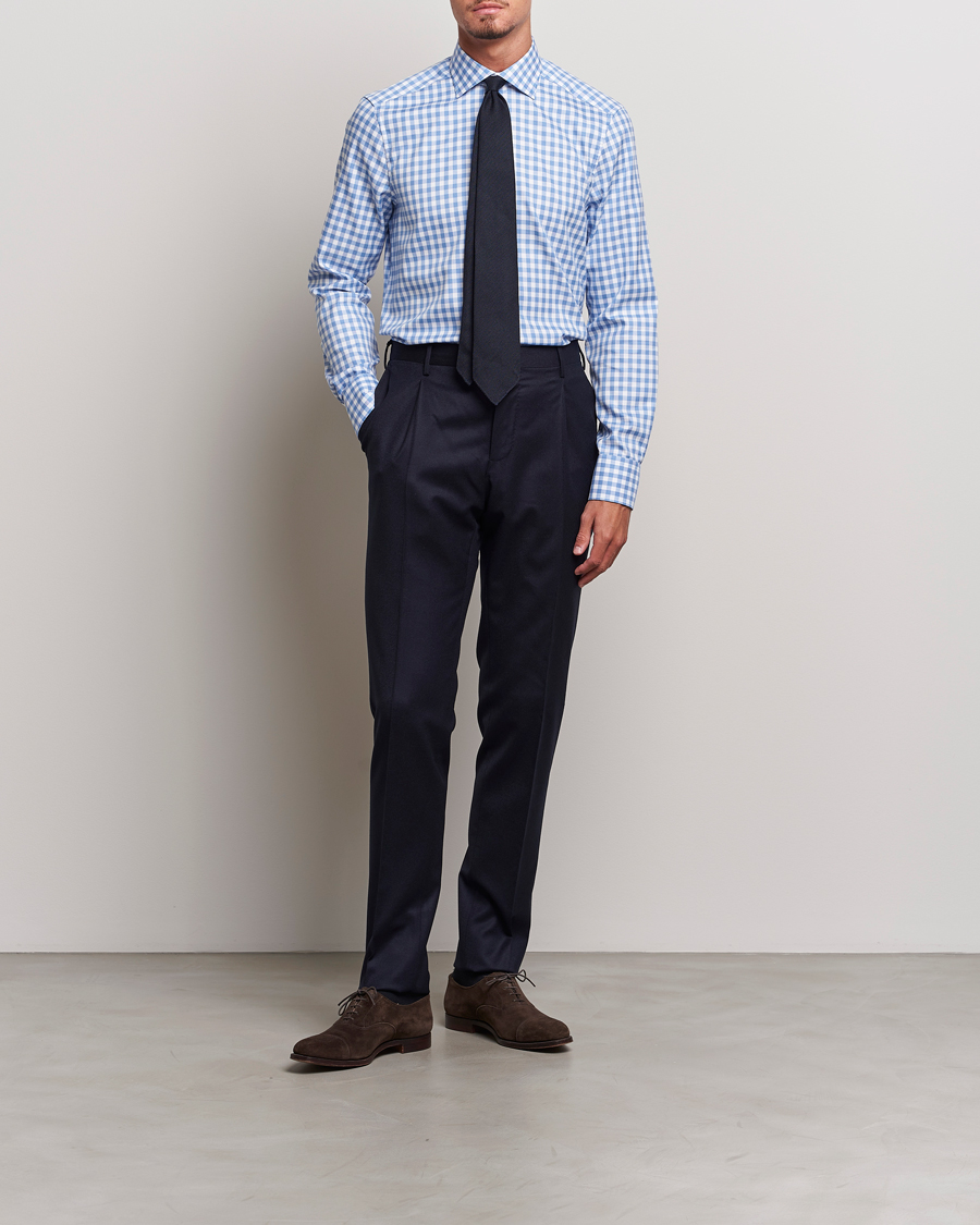 Herren | Hemden | Stenströms | Slimline Check Cut Away Shirt Light Blue