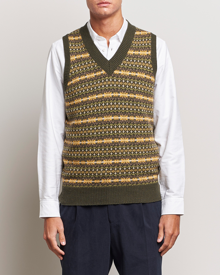 Herren | Pullunder | Oscar Jacobson | Lucas Fairisle Wool/Cashmere Vest Green