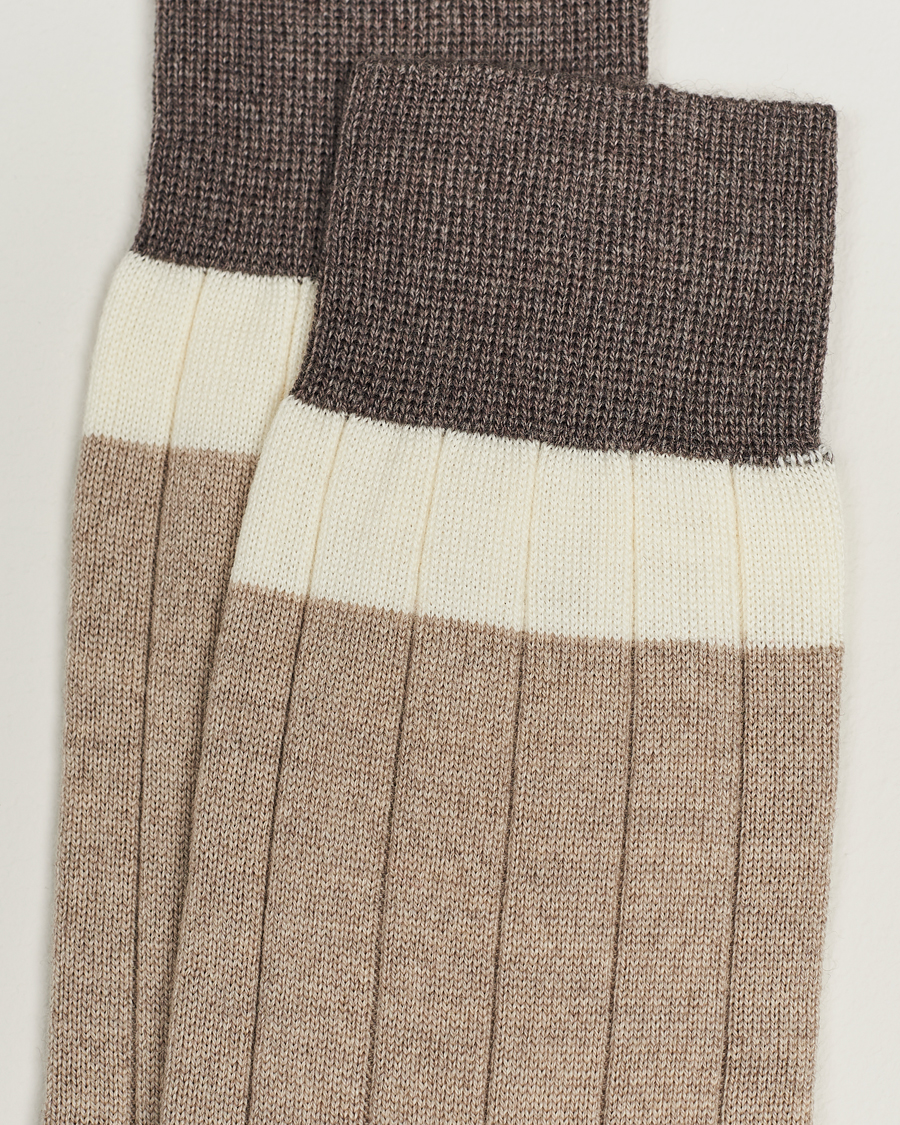 Herr |  | Bresciani | Wide Ribbed Block Stripe Wool Socks Biege