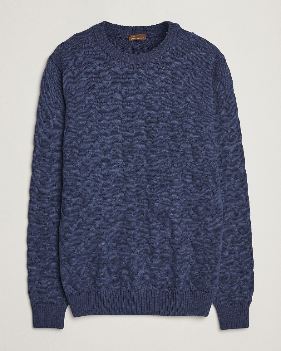 Herren | Pullover | Stenströms | Heavy Cable Merino Crew Neck Blue
