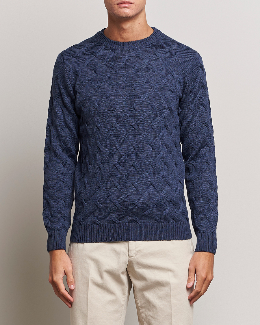 Herren | Pullover | Stenströms | Heavy Cable Merino Crew Neck Blue