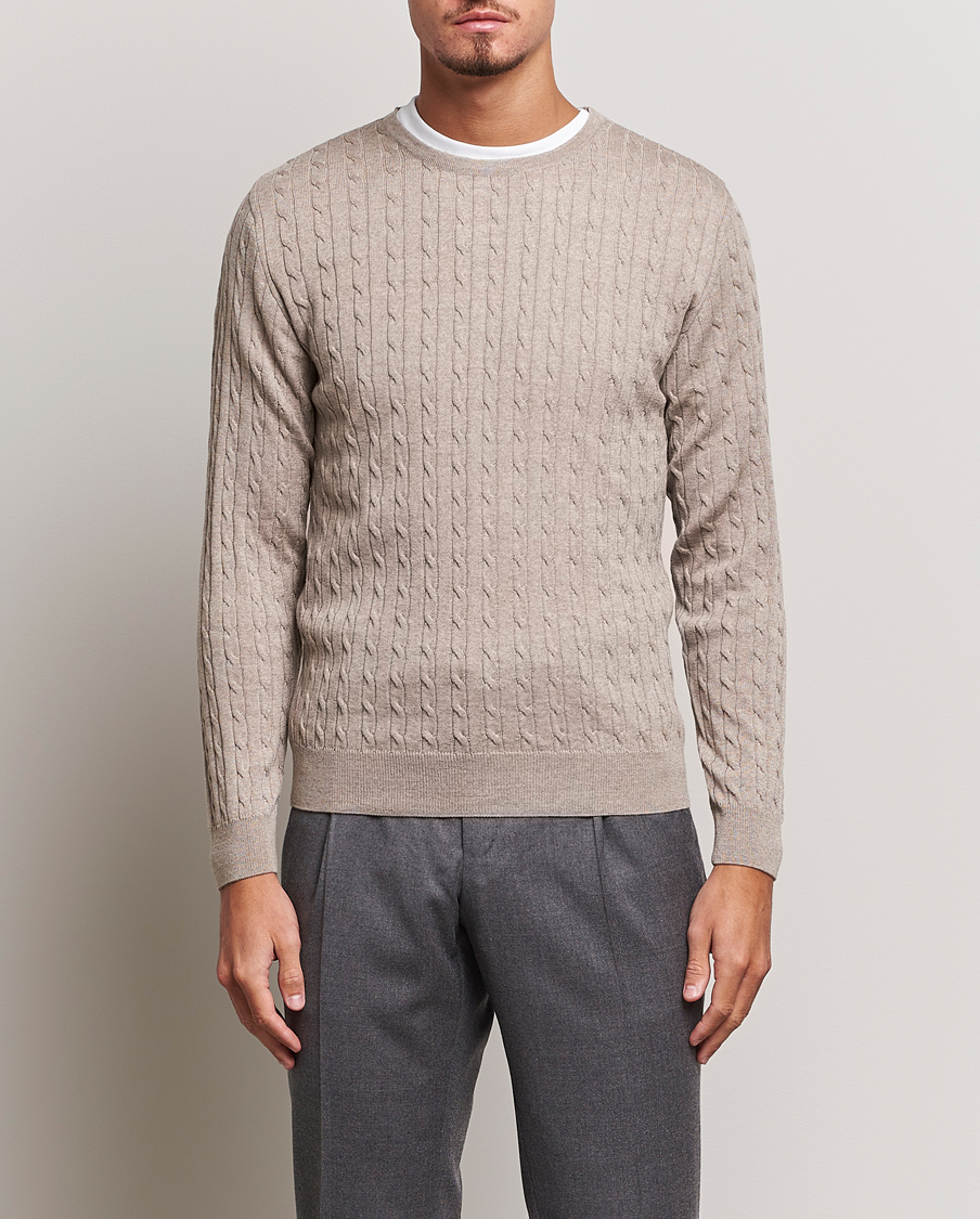 Herren | Strickpullover | Stenströms | Merino Cable Crew Neck Beige