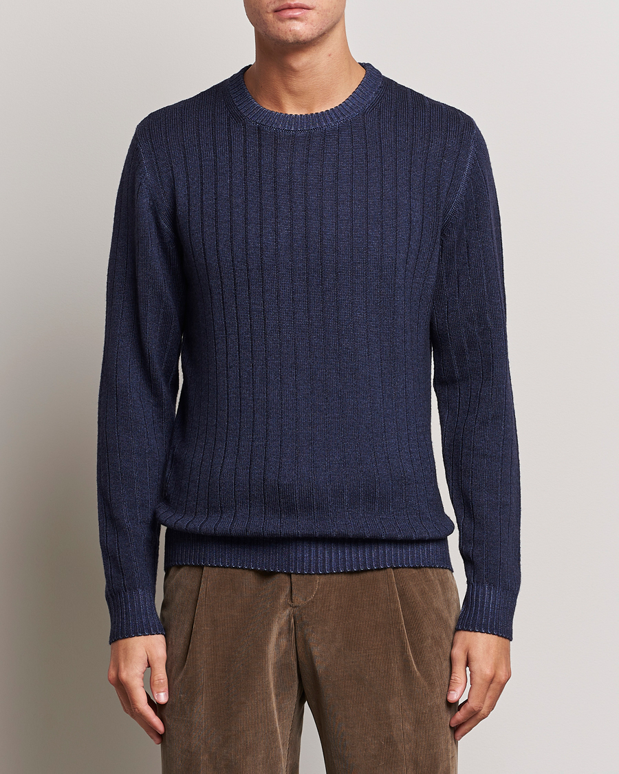 Herren |  | Stenströms | Garment Dyed Ribbed Merino Wool Crewneck Blue