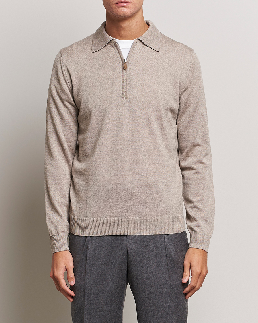 Herren | Bestickte Polohemden | Stenströms | Merino Wool Zip Polo Beige