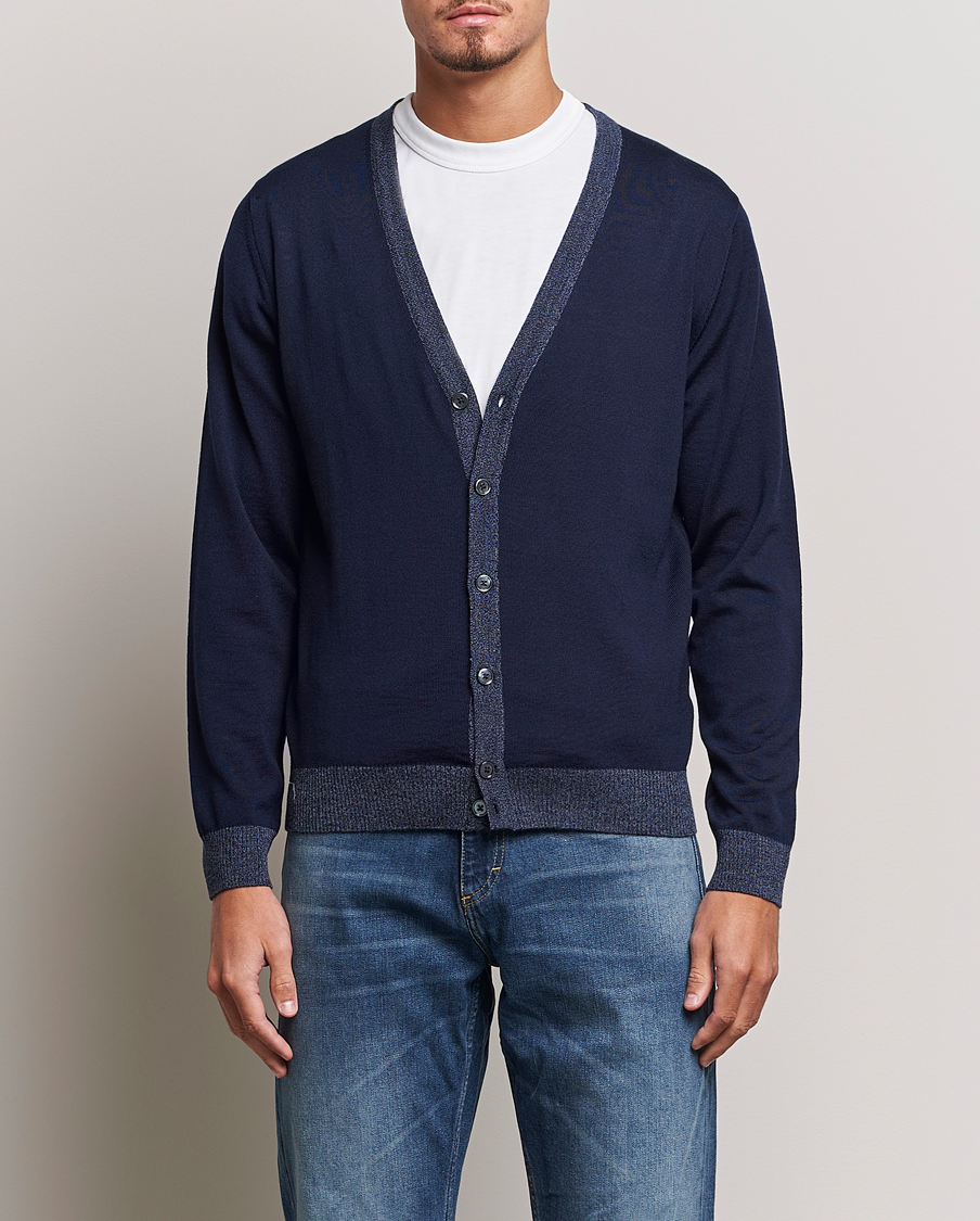 Herren | Pullover | Stenströms | Merino Wool Contrast Cardigan Navy