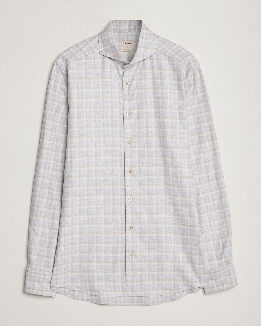 Herren | Hemden | Stenströms | Slimline Checked Cut Away Flannel Shirt Light Grey