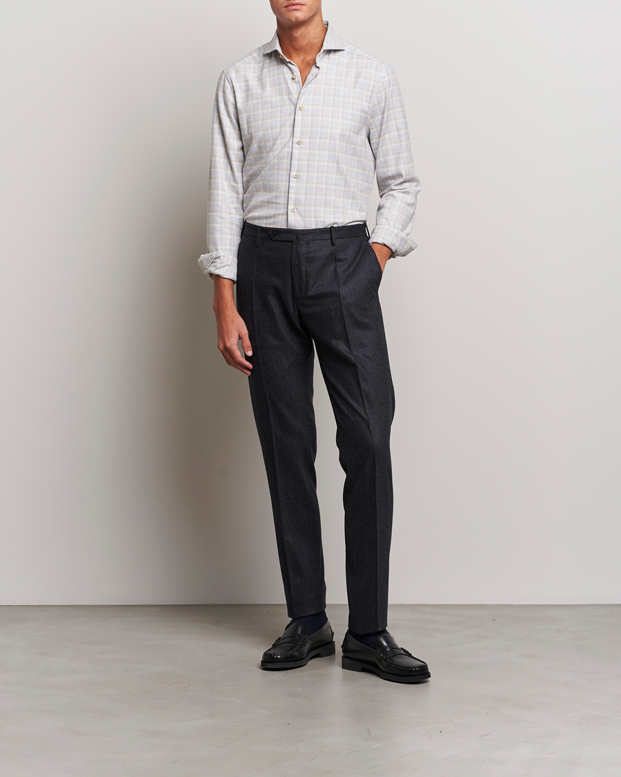 Herren | Hemden | Stenströms | Slimline Checked Cut Away Flannel Shirt Light Grey