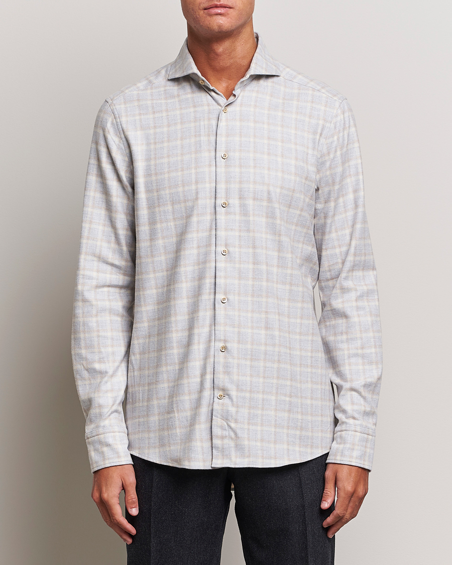 Herren | Hemden | Stenströms | Slimline Checked Cut Away Flannel Shirt Light Grey
