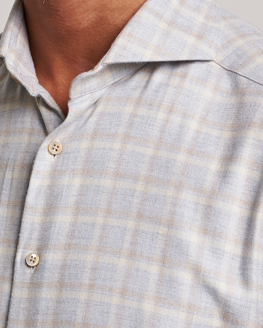 Herren | Hemden | Stenströms | Slimline Checked Cut Away Flannel Shirt Light Grey