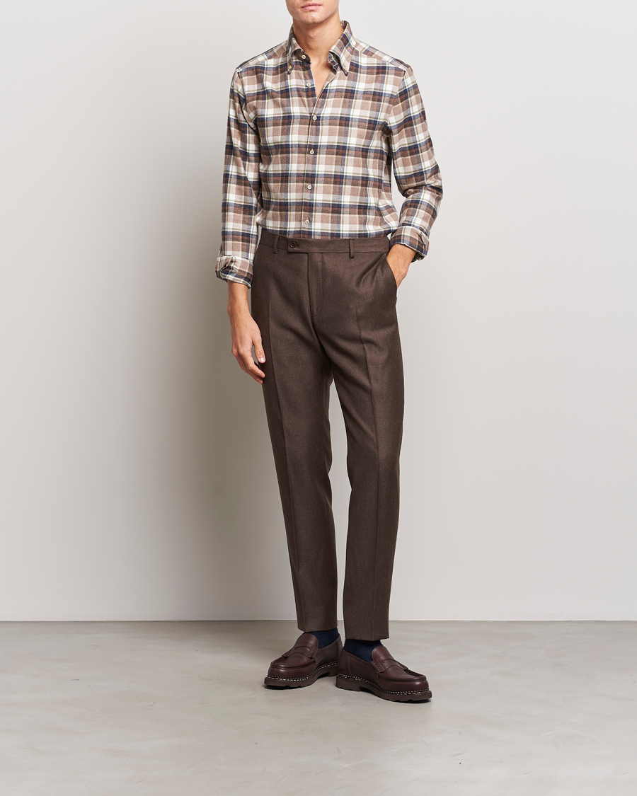 Herren | Hemden | Stenströms | Slimline Checked Button Down Flannel Shirt Beige