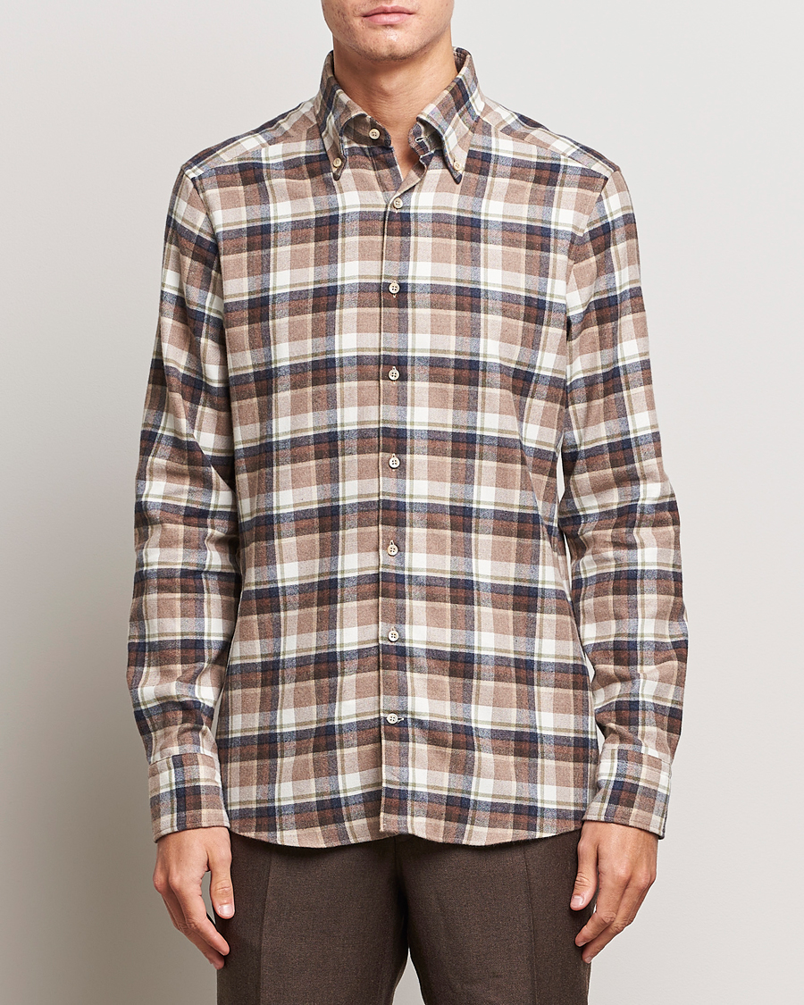 Herren | Hemden | Stenströms | Slimline Checked Button Down Flannel Shirt Beige