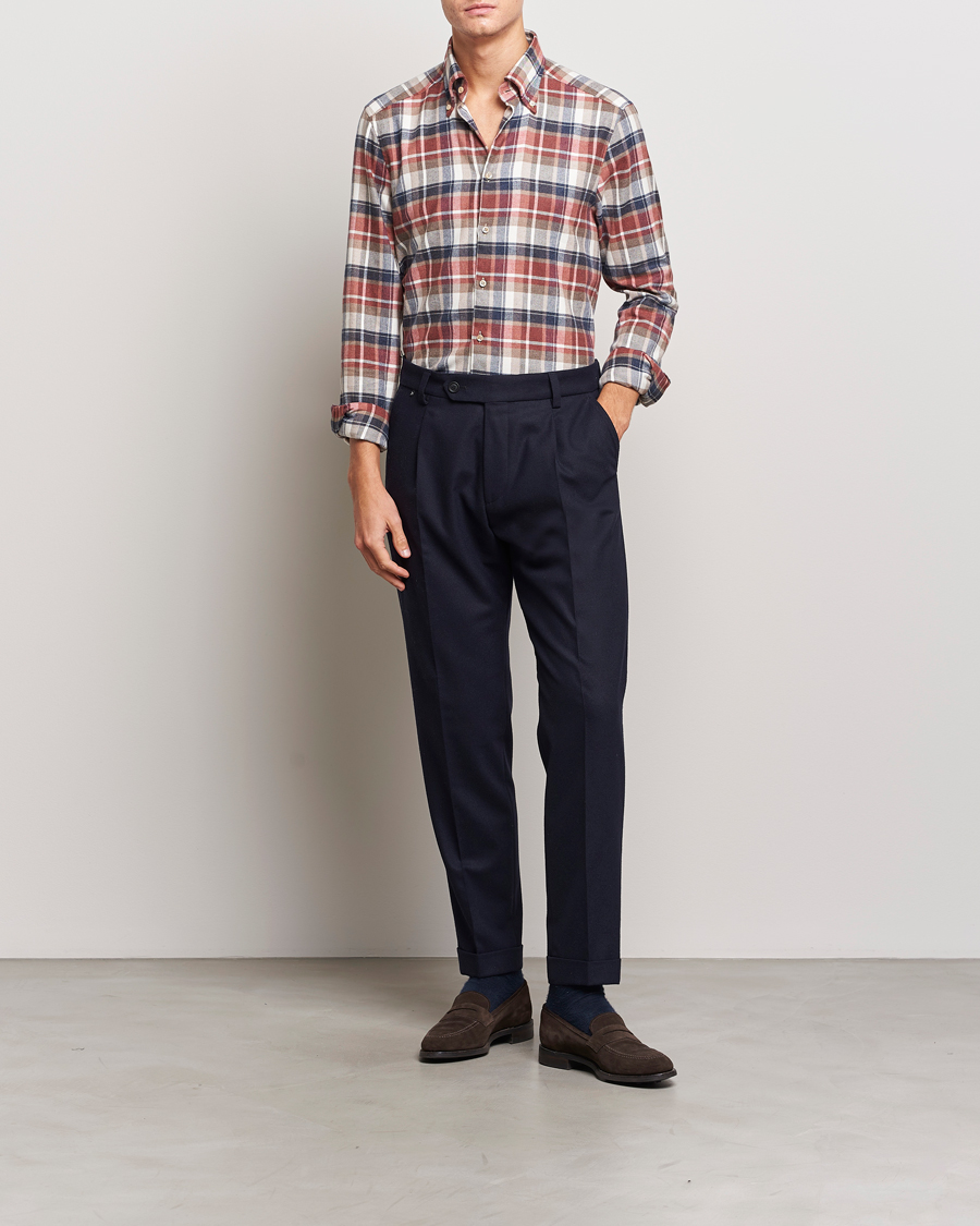 Herren | Hemden | Stenströms | Slimline Checked Button Down Flannel Shirt Red