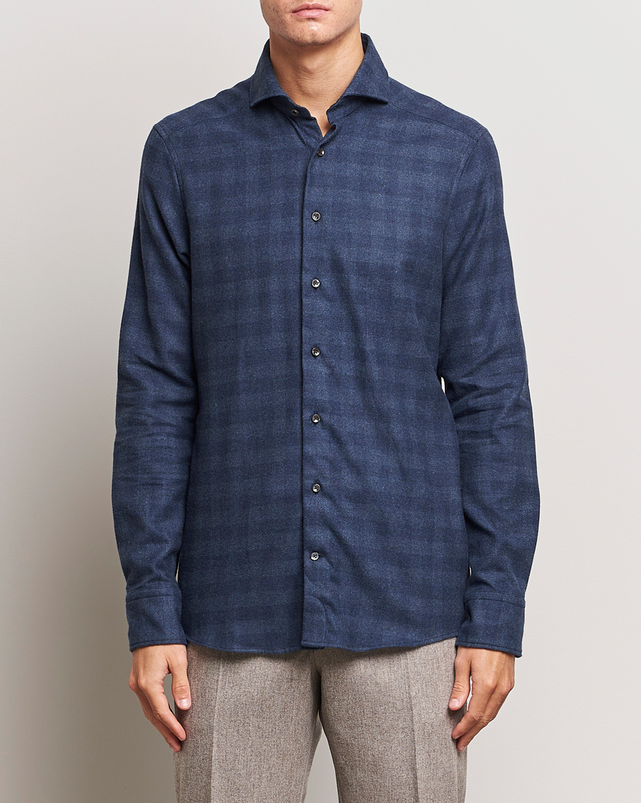 Herren |  | Stenströms | Slimline Checked Cut Away Flannel Shirt Navy