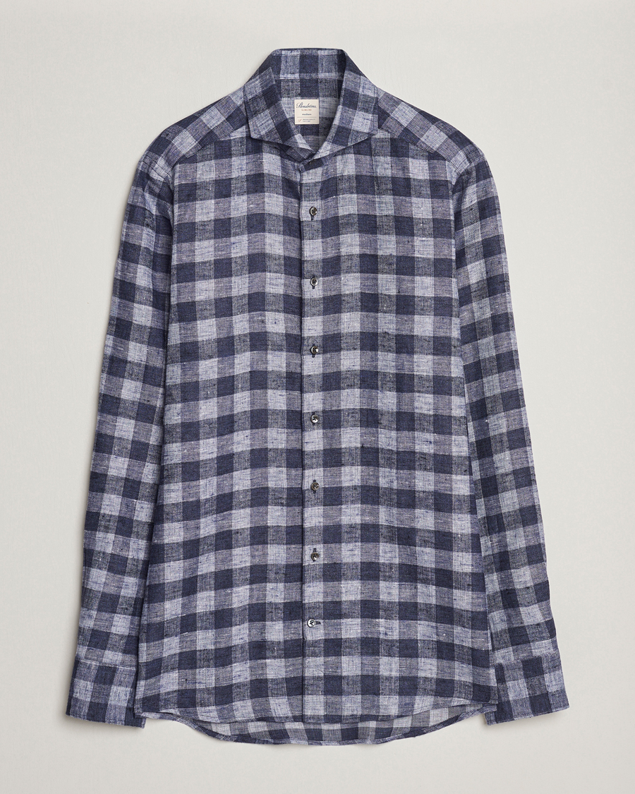 Herren |  | Stenströms | Slimline Checked Linen Flannel Shirt Blue