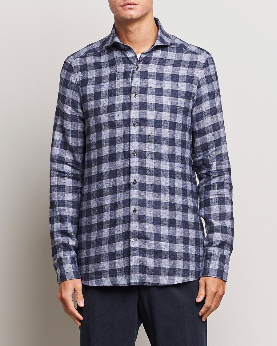 Herren | Hemden | Stenströms | Slimline Checked Linen Flannel Shirt Blue