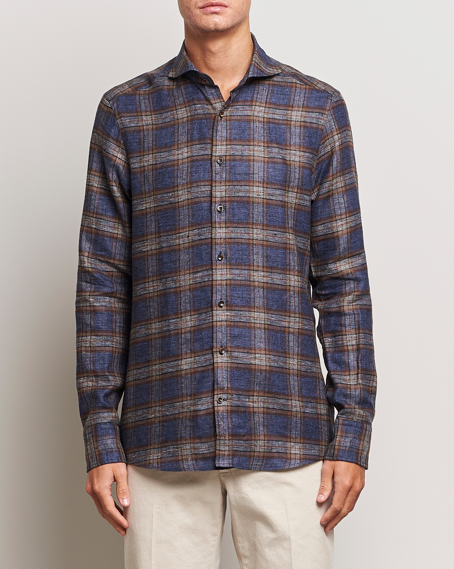 Herren |  | Stenströms | Slimline Checked Linen Flannel Shirt Brown