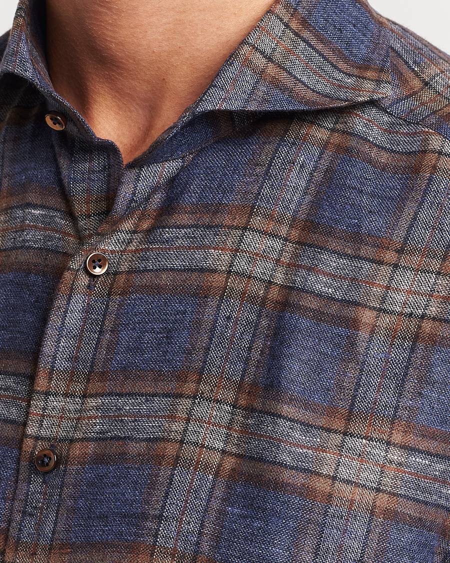 Herren | Hemden | Stenströms | Slimline Checked Linen Flannel Shirt Brown