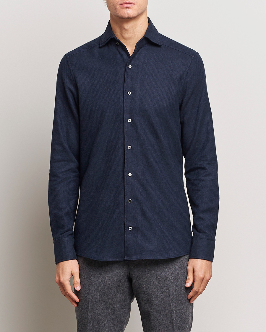 Herren | Flannellhemden | Stenströms | Slimline Micro Structure Flannel Shirt Navy