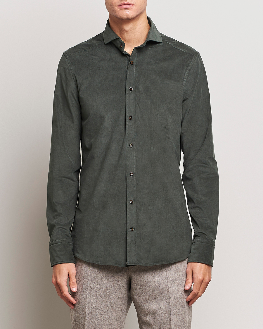 Herren | Hemden | Stenströms | Slimline Cut Away Corduroy Shirt Dark Green