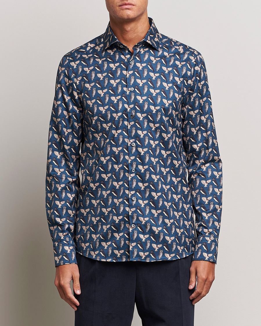 Herren |  | Stenströms | Slimline Owl Printed Cut Away Shirt Blue