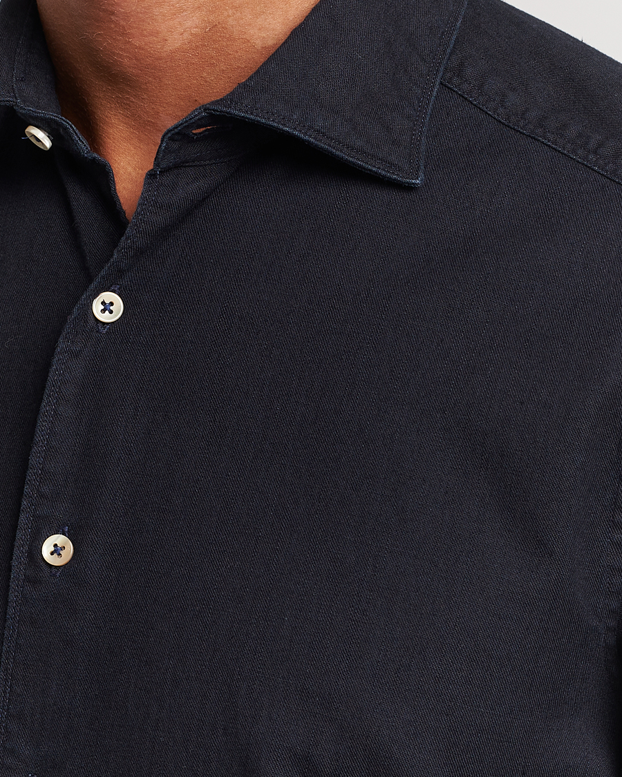 Herren | Hemden | Stenströms | Slimline Cut Away Overdyed Denim Shirt Dark Blue