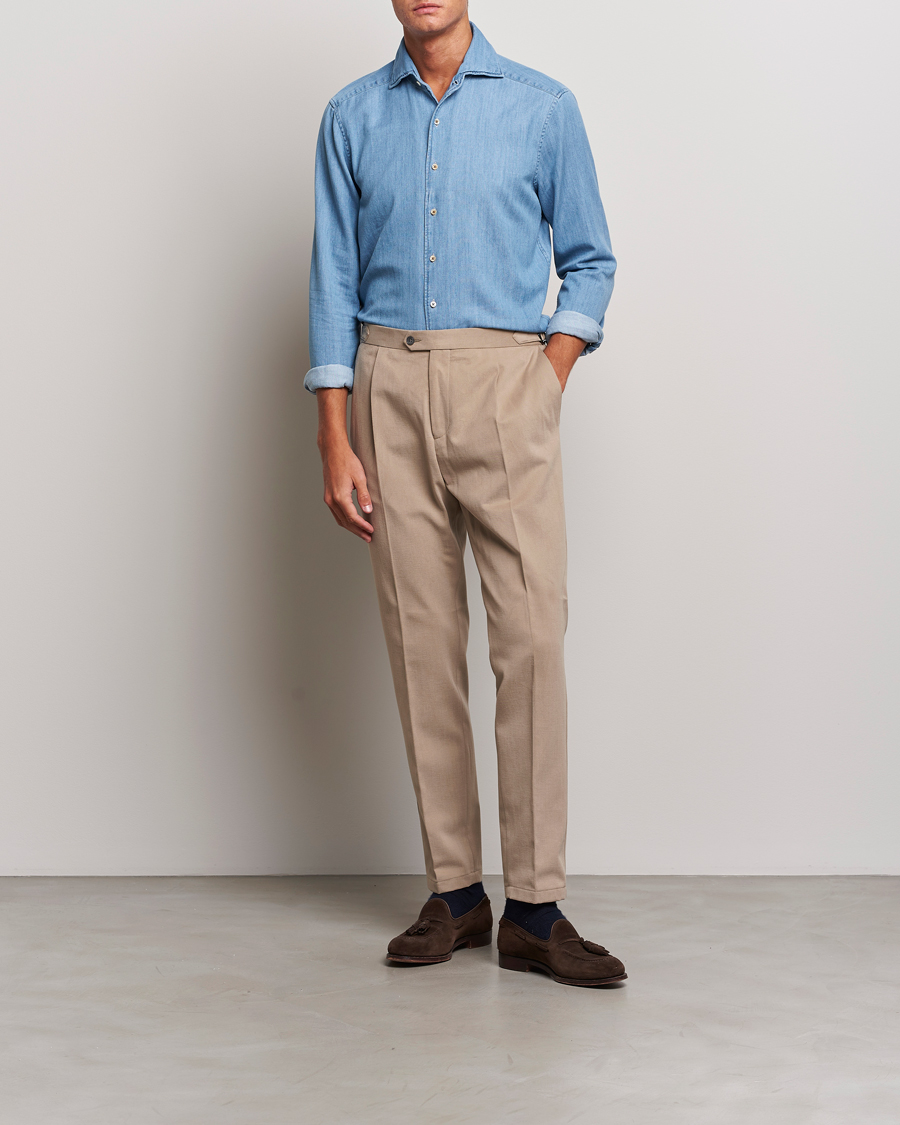 Herren | Hemden | Stenströms | Slimline One Piece Collar Denim Shirt Light Blue