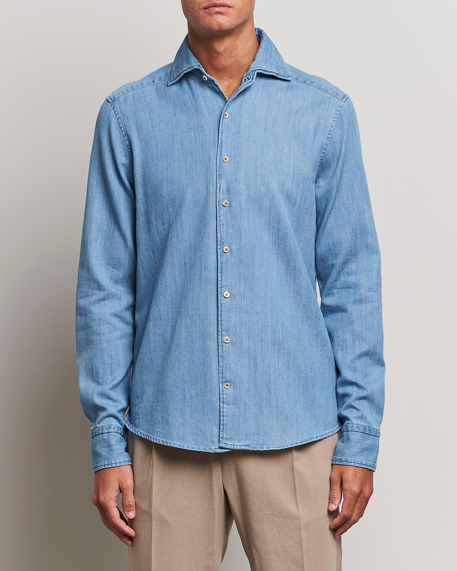 Herren |  | Stenströms | Slimline One Piece Collar Denim Shirt Light Blue