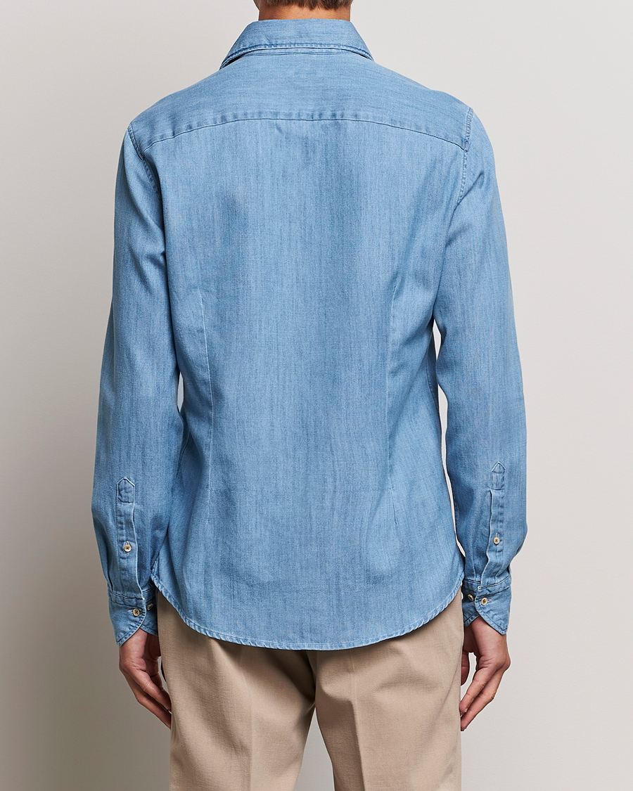 Herren | Hemden | Stenströms | Slimline One Piece Collar Denim Shirt Light Blue