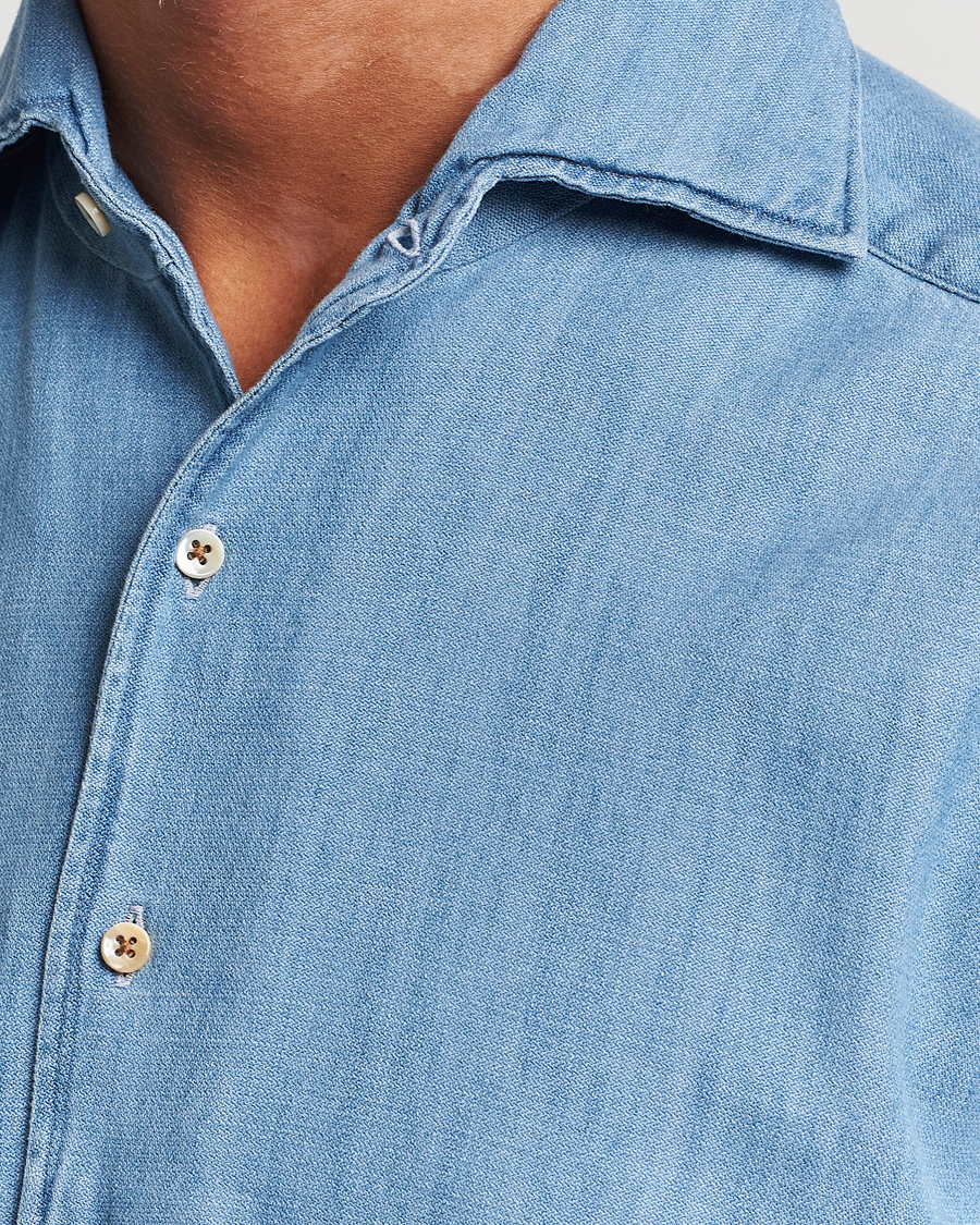 Herren | Hemden | Stenströms | Slimline One Piece Collar Denim Shirt Light Blue