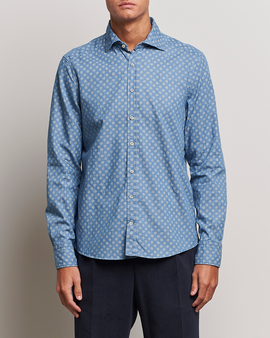 Herren |  | Stenströms | Slimline Printed Cut Away Denim Shirt Light Blue