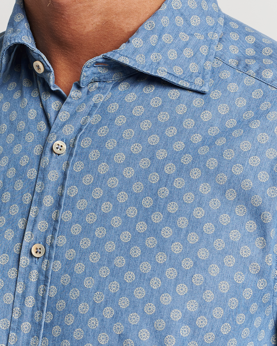 Herren | Hemden | Stenströms | Slimline Printed Cut Away Denim Shirt Light Blue