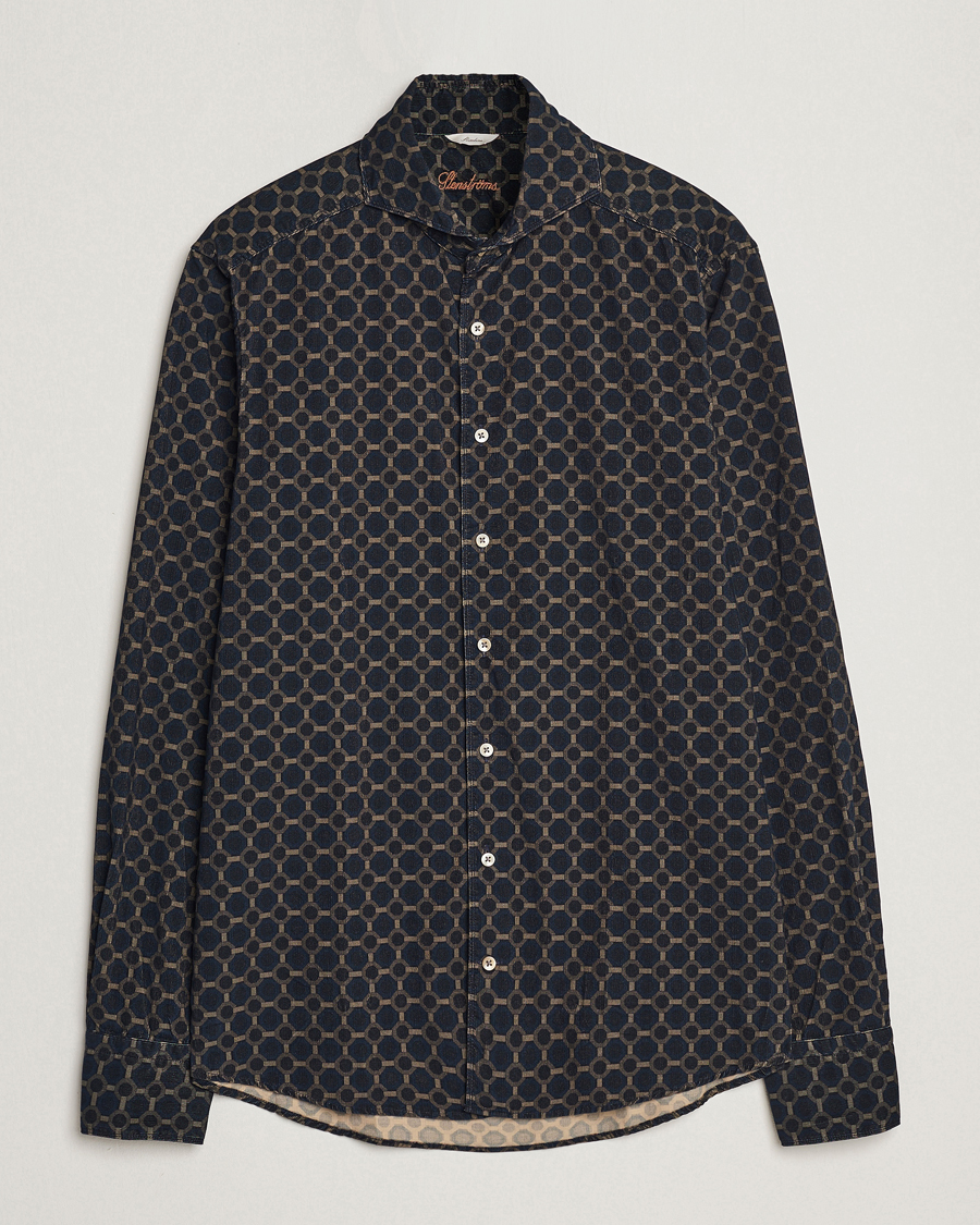 Herren | Hemden | Stenströms | Slimline Babycord Printed Cut Away Shirt Navy
