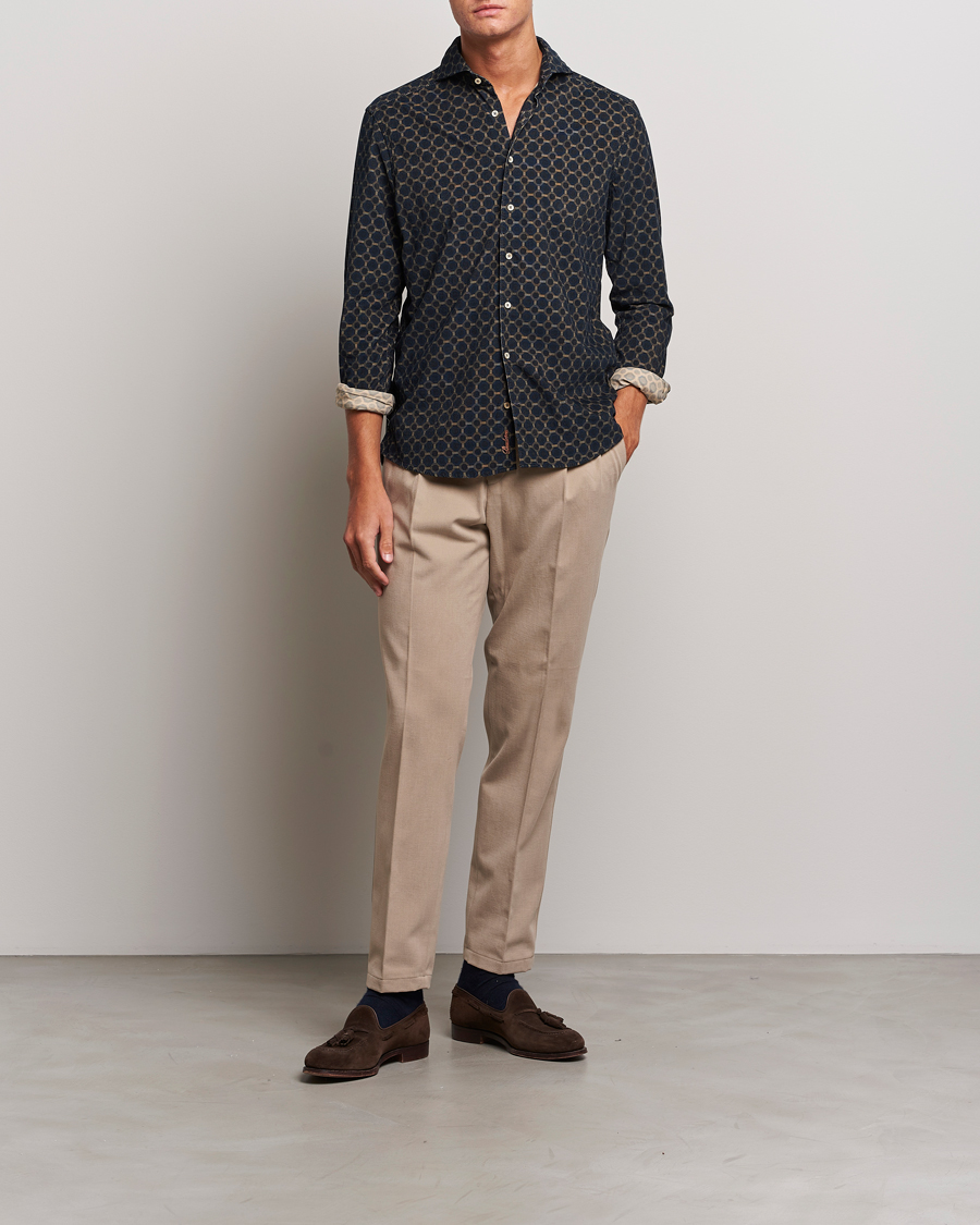 Herren | Hemden | Stenströms | Slimline Babycord Printed Cut Away Shirt Navy