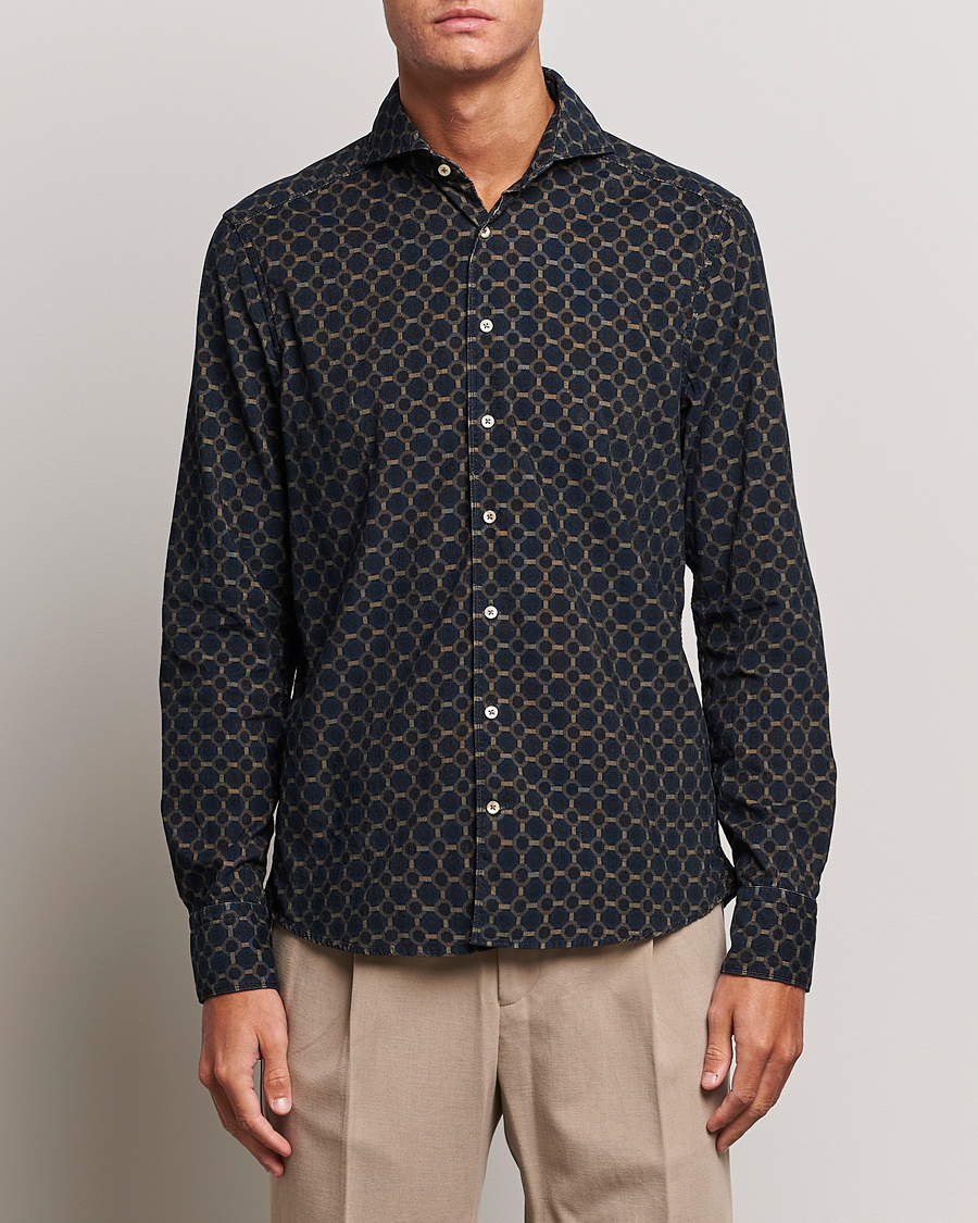 Herren | Hemden | Stenströms | Slimline Babycord Printed Cut Away Shirt Navy