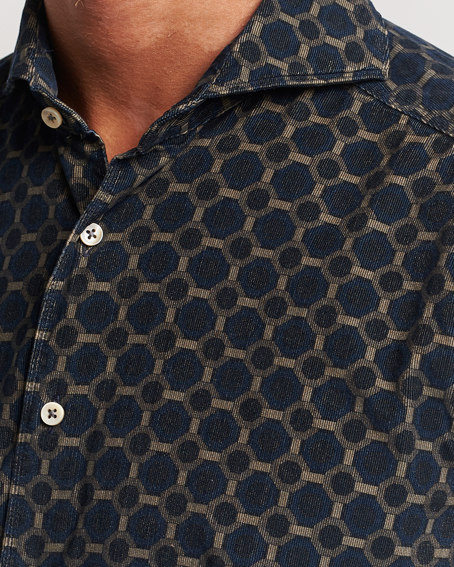 Herren | Hemden | Stenströms | Slimline Babycord Printed Cut Away Shirt Navy