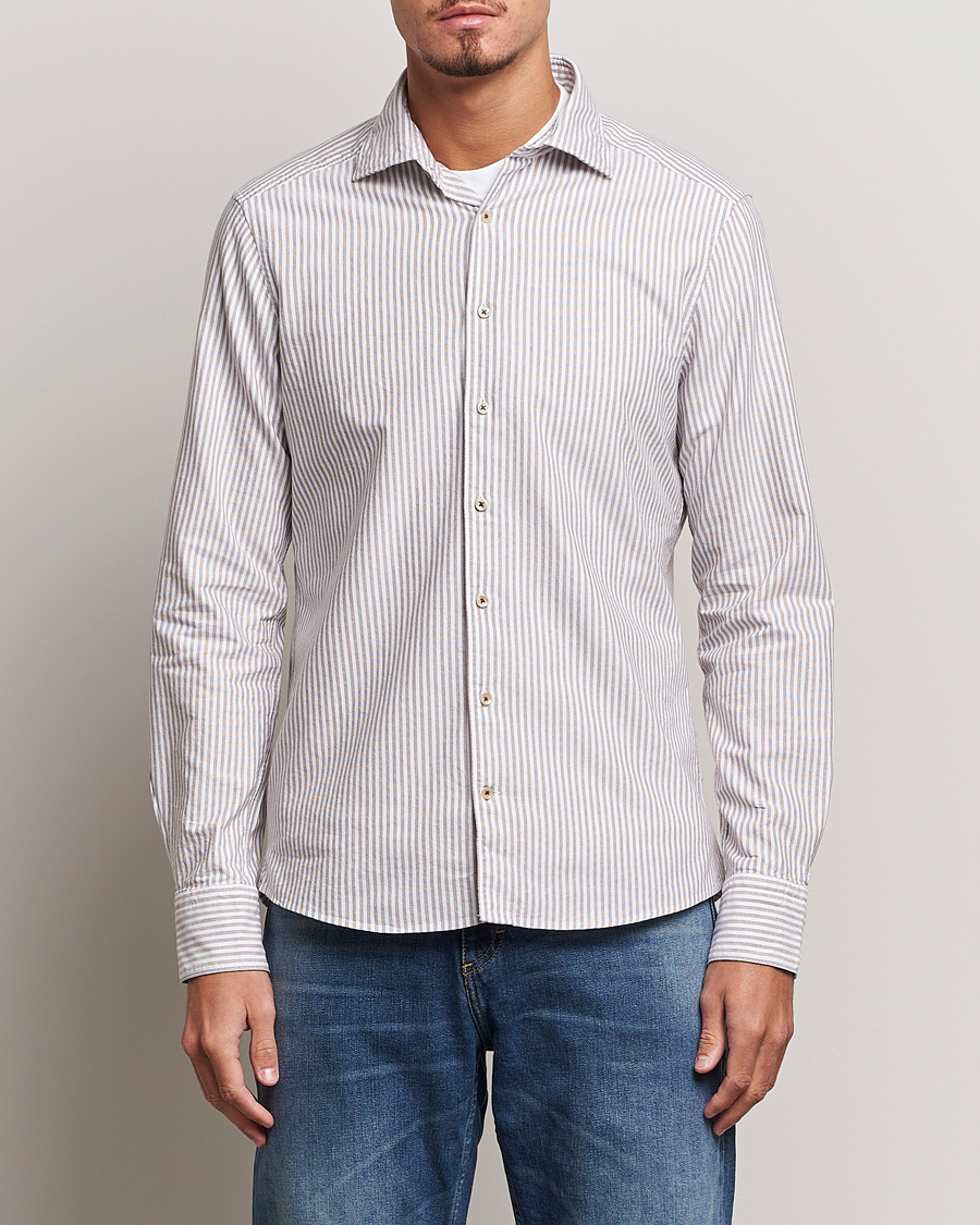 Herren | Hemden | Stenströms | Slimline Striped Cut Away Oxford Shirt Brown