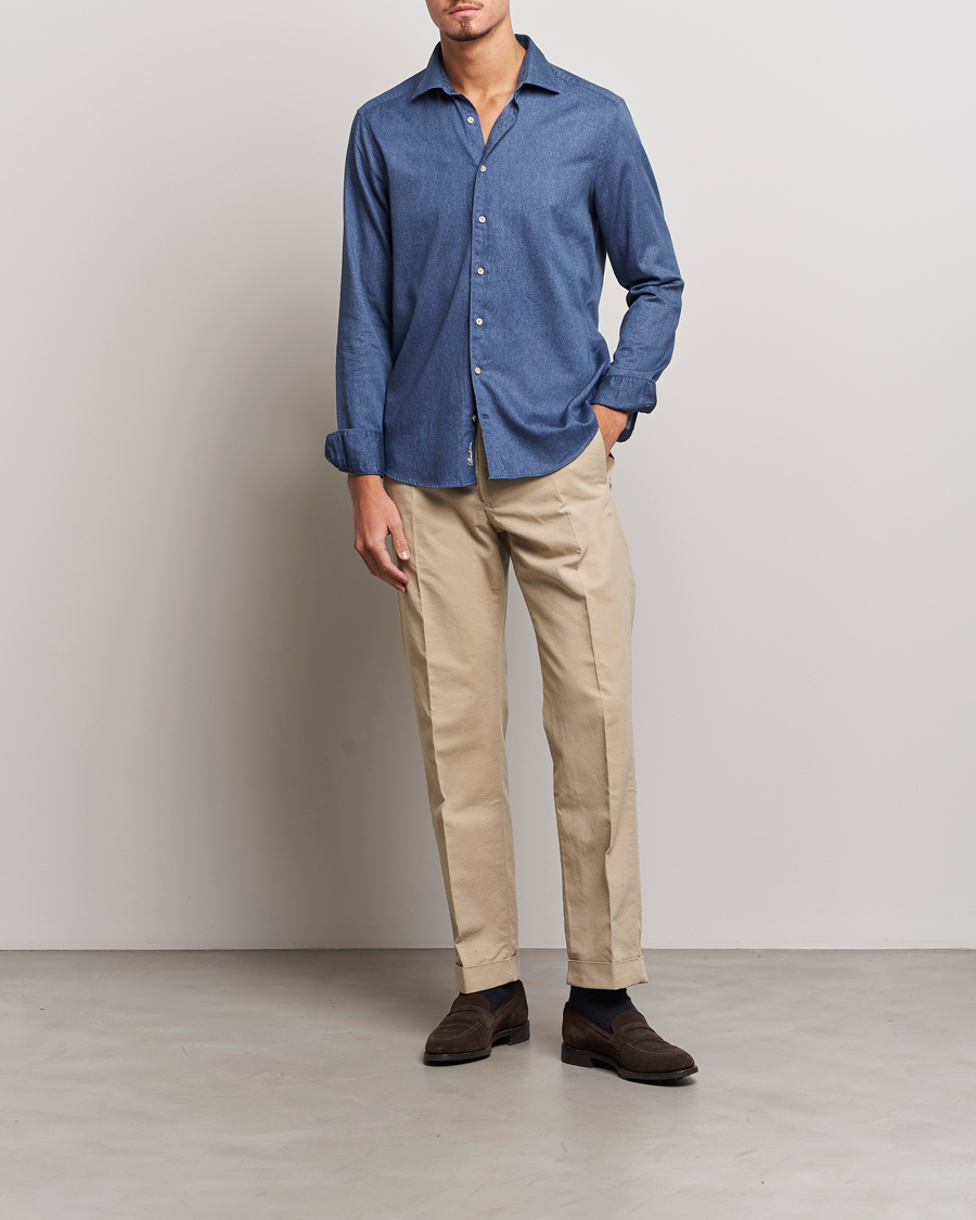 Herren | Hemden | Stenströms | Slimline Printed Oxford Washed Cut Away Shirt Dark Blue