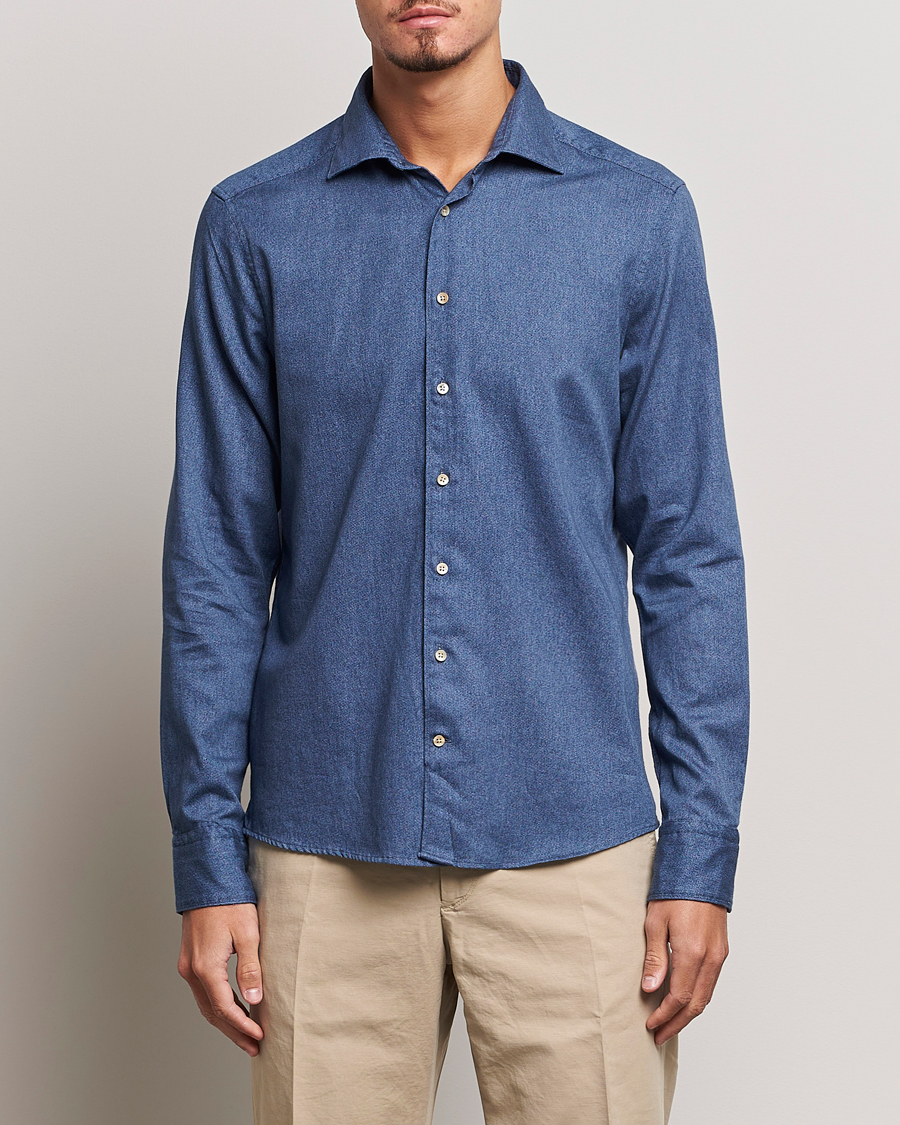 Herren | Hemden | Stenströms | Slimline Printed Oxford Washed Cut Away Shirt Dark Blue