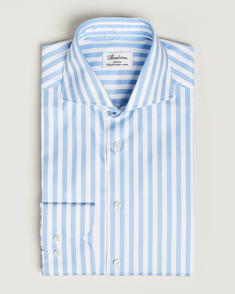 Herren | Hemden | Stenströms | Slimline Bold Stripe 2-Fold Cut Away Shirt Light Blue