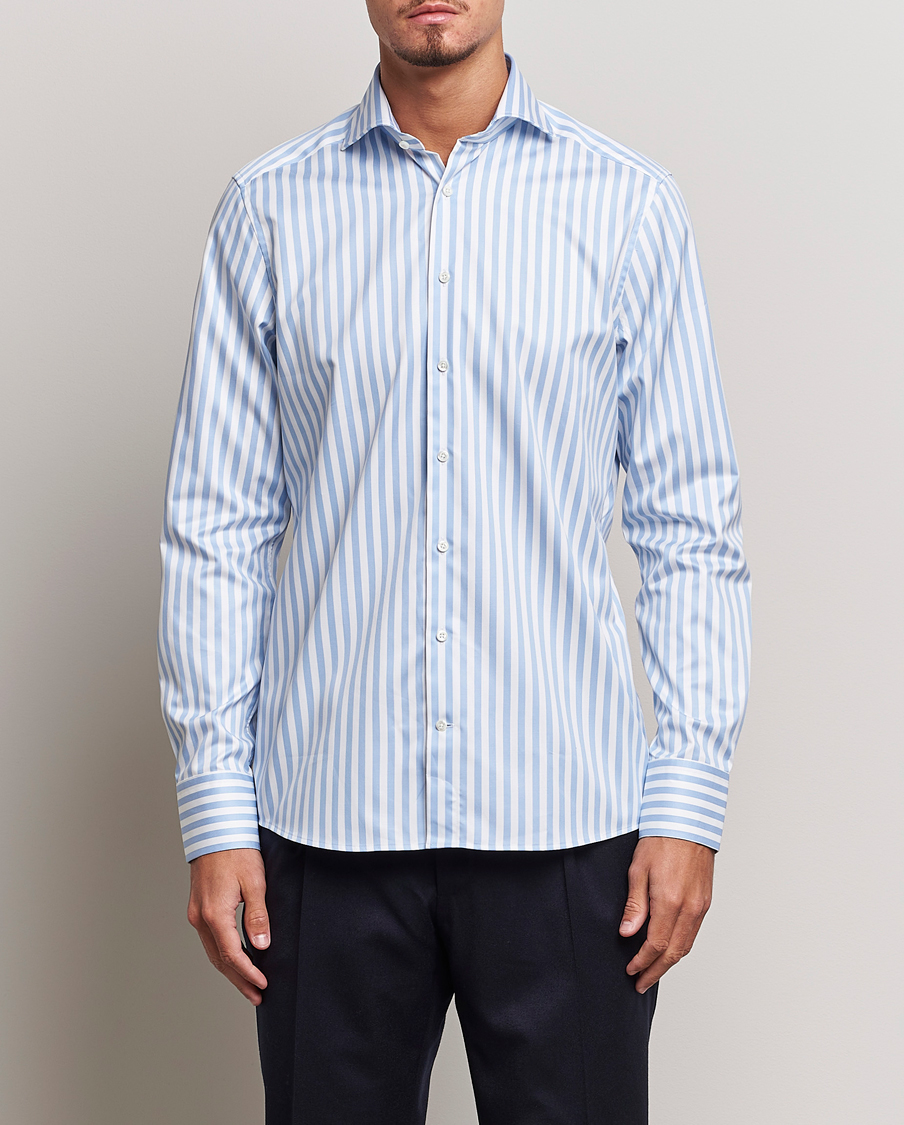 Herren | Hemden | Stenströms | Slimline Bold Stripe 2-Fold Cut Away Shirt Light Blue