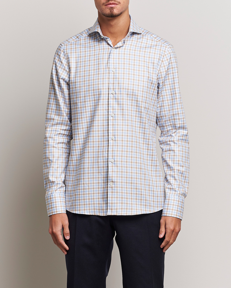 Herren | Hemden | Stenströms | Slimline Checked Royal Oxford Shirt Beige/Blue