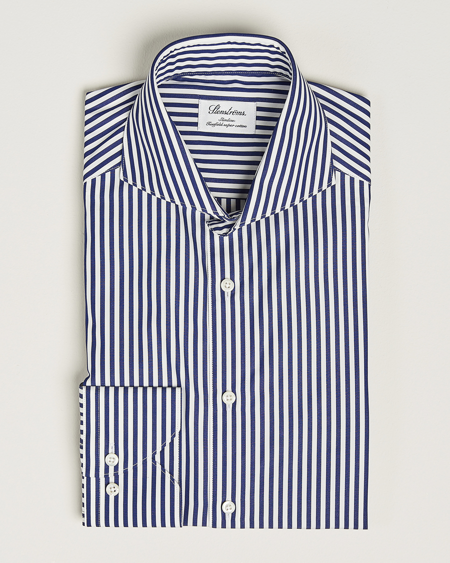 Herren |  | Stenströms | Slimline Striped Popline Cut Away Shirt Navy