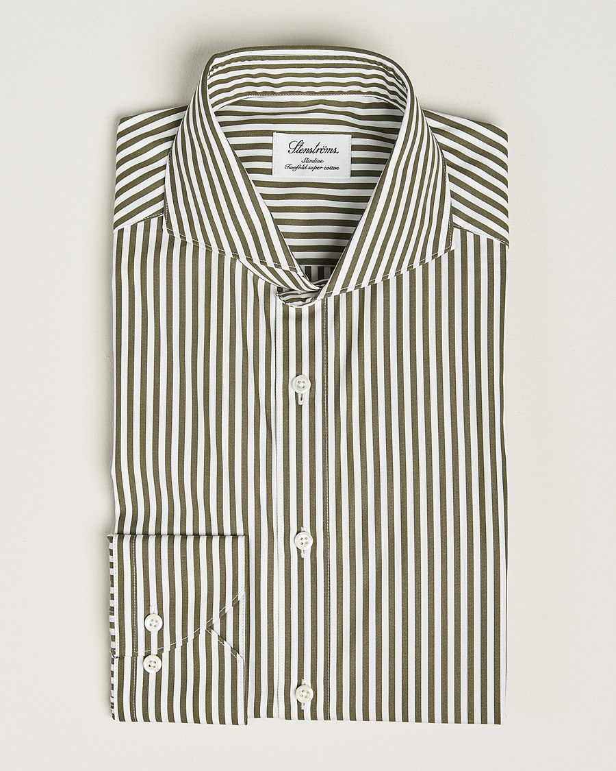 Herren |  | Stenströms | Slimline Striped Popline Cut Away Shirt Green