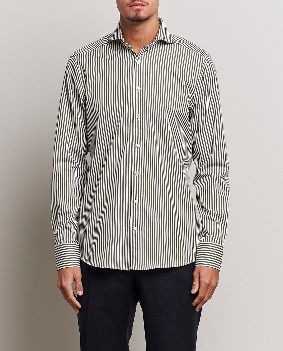 Herren |  | Stenströms | Slimline Striped Popline Cut Away Shirt Green
