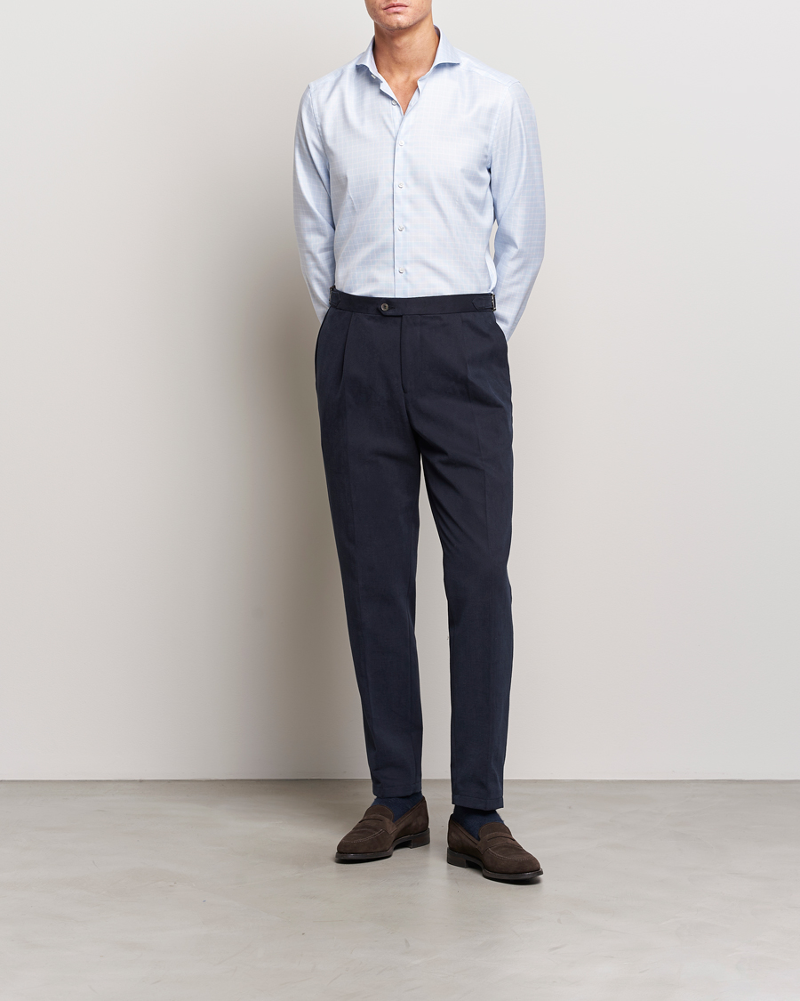 Herren | Hemden | Stenströms | Slimline Small Checked Cut Away Shirt Light Blue