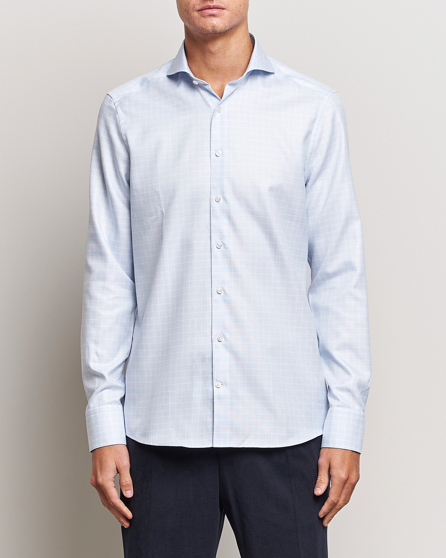 Herren |  | Stenströms | Slimline Small Checked Cut Away Shirt Light Blue