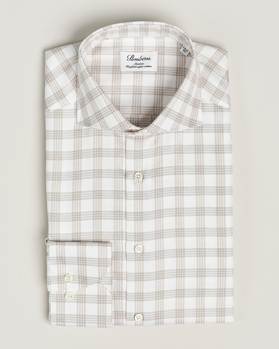 Herren | Hemden | Stenströms | Slimline Checked Cut Away Shirt White/Brown