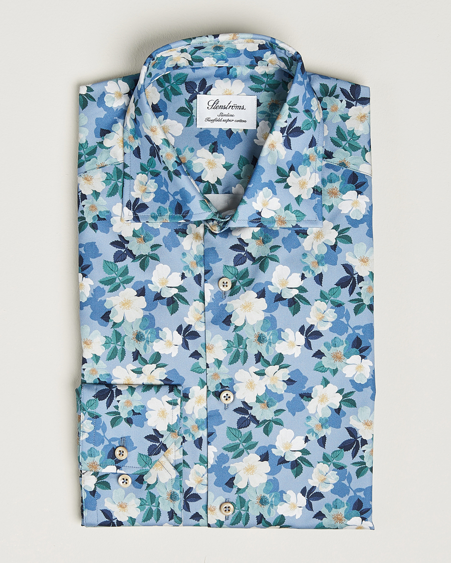 Herren |  | Stenströms | Slimline Printed Flower Cut Away Shirt Blue